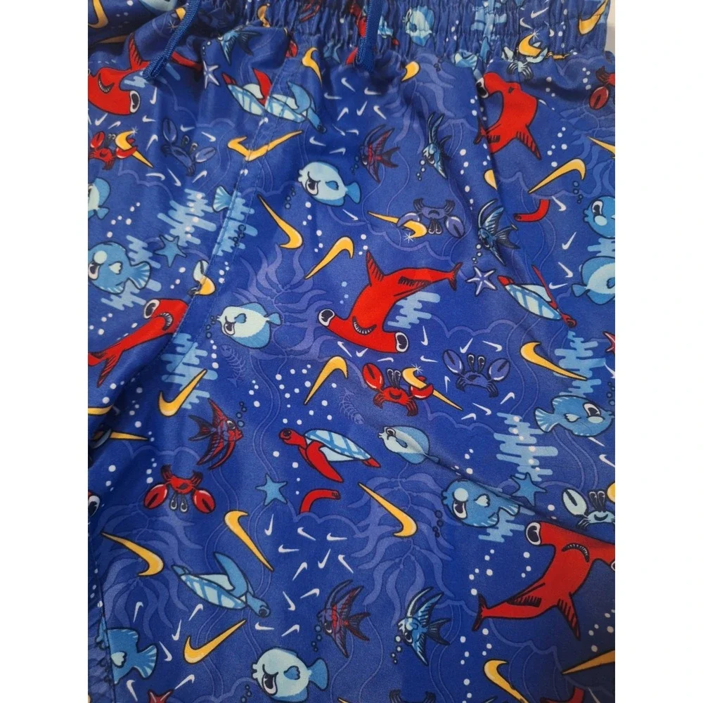 Nike Boys Medium 10-12 Swim Trunks Blue Shark Fish Print Mesh Lined Swoosh